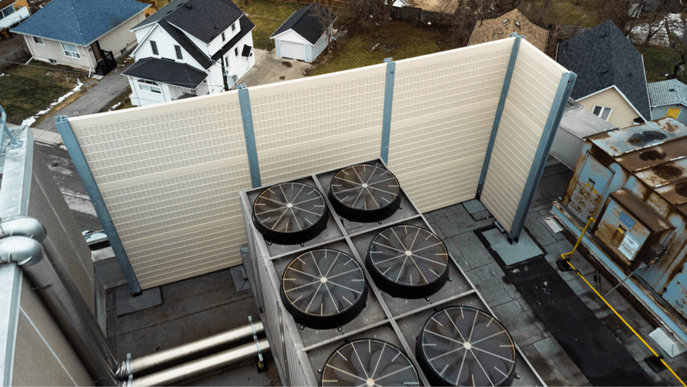Bird eye view of barrier walls on top of a building